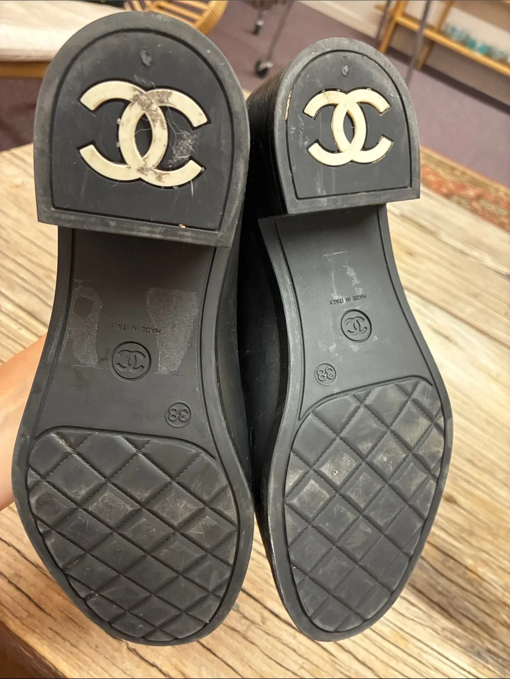 Authentic Chanel  Women’s Black Quilted Rain Boots Interlocking CC Size 38